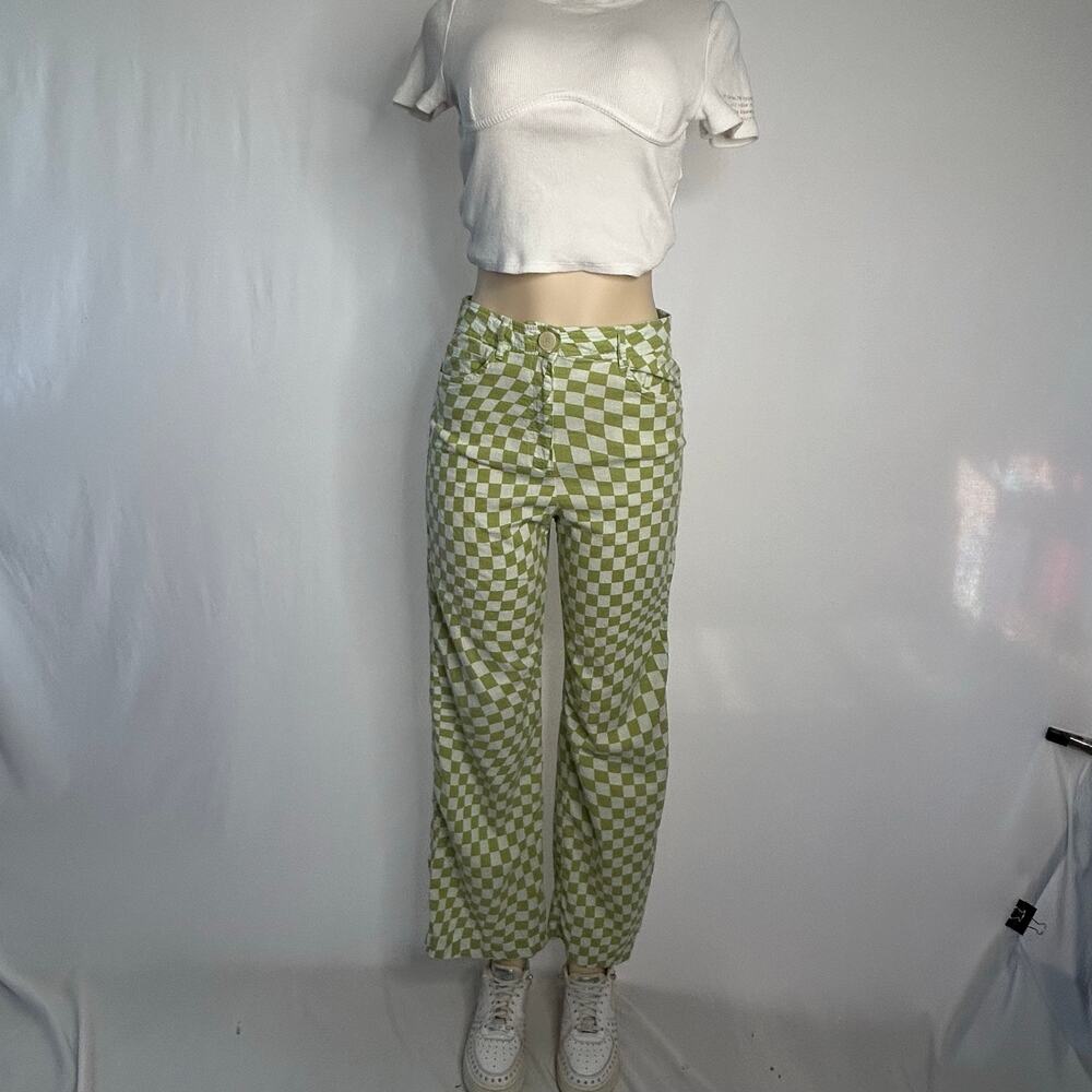 Zara Green White Checkerboard Wide Leg Pants Women’s L High Rise Linen Blend